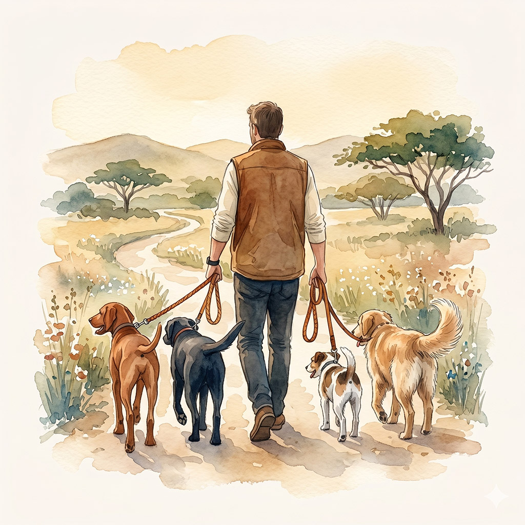 Watercolor portrait of Michael, a professional dog walker and pet caregiver.
